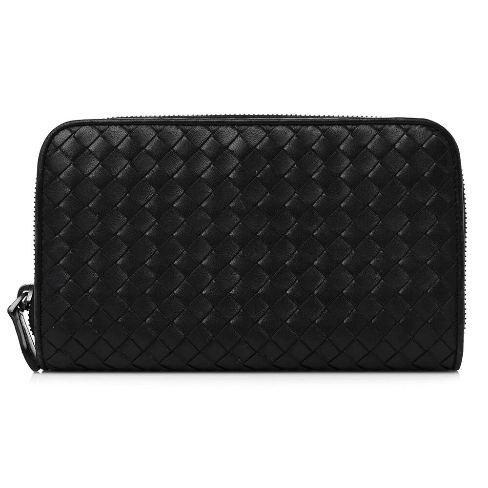 Bottega Veneta Black Intrecciato Woven Leather Zip Around Wallet/Clutch